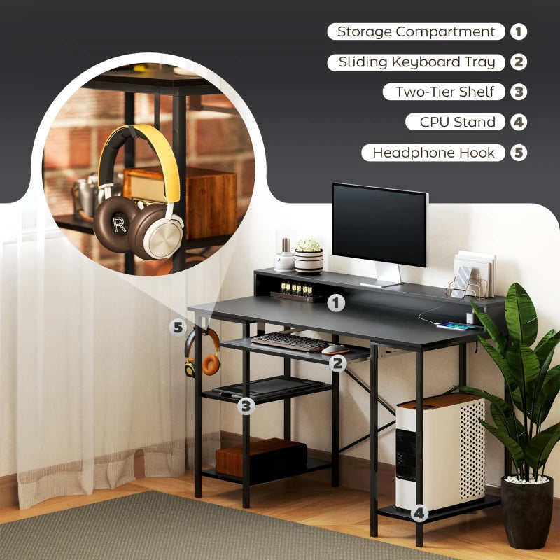 LED Gaming Computer Desk with Power Outlets, 120x55 cm, Monitor Stand, Sliding Keyboard Tray & Storage Shelves - Black