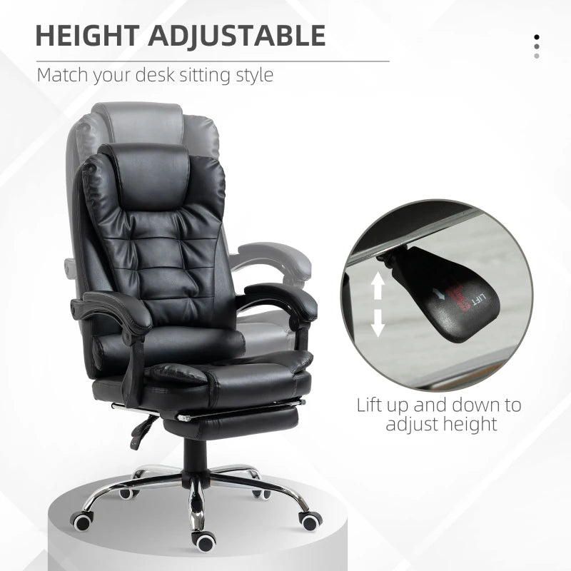Executive PU Leather Office Chair with Swivel Wheels, Reclining Backrest & Retractable Footrest - Ergonomic Black Home Office Seating