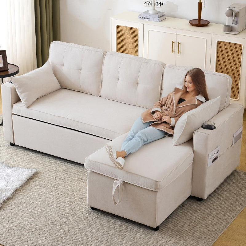 Versatile L-Shaped Sofa Bed with Reversible Chaise, Storage, Cup Holders and Cushions in Beige