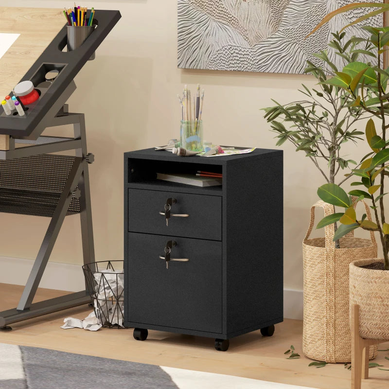 60cm Mobile Filing Cabinet with Drawer & Open Shelf, 4 Wheels, Metal Handles, 2 Locks - Black Office Organizer