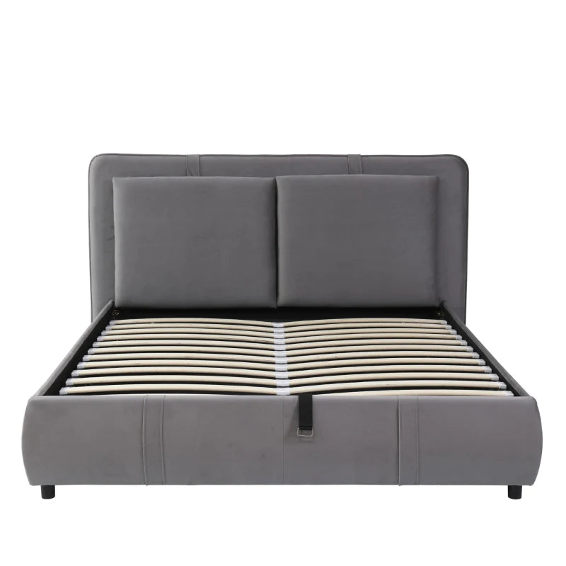 Upholstered Hydraulic Storage Bed with Removable Velvet Headboard - Grey, 210x159x90 cm, Stylish & Functional Bedroom Furniture
