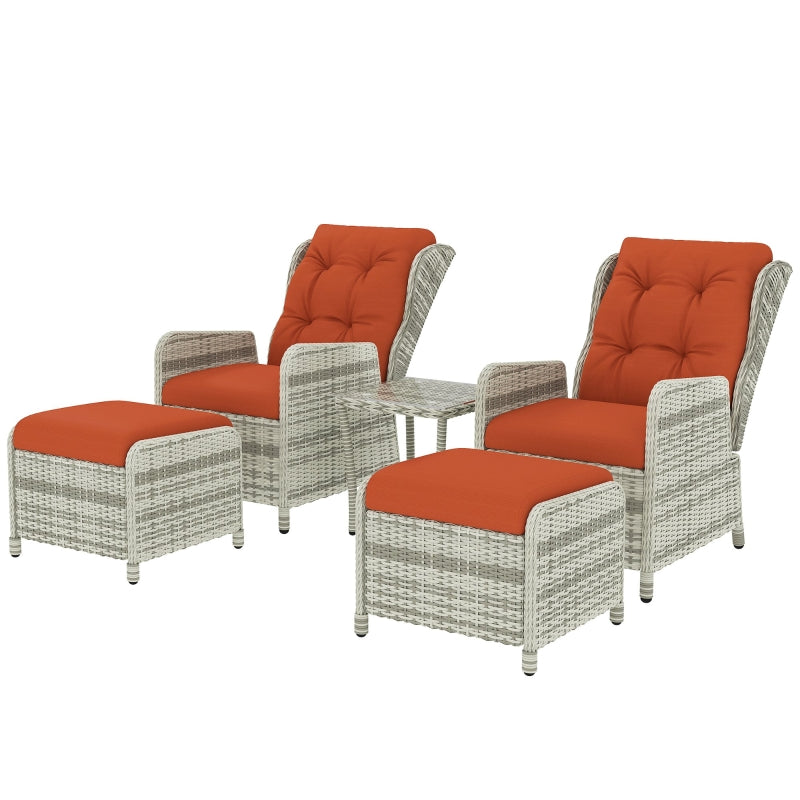 5-Piece Orange Rattan Bistro Set - Adjustable Back Reclining Wicker Balcony Furniture with Cushions, Glass Top Coffee Table and Footstools - Outdoor Table and Chairs