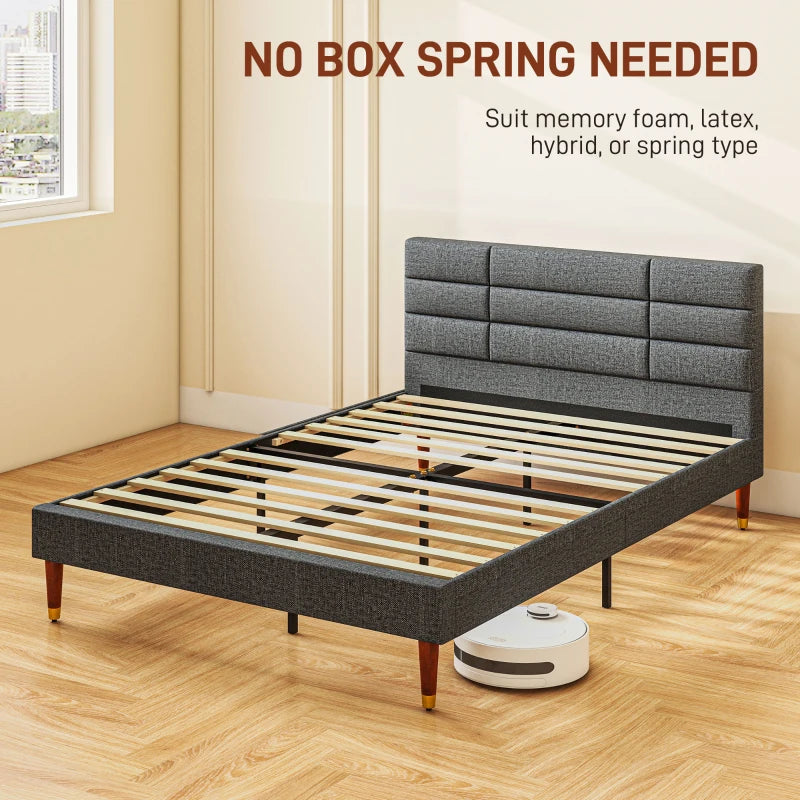 Stylish Grey Upholstered Double Bed Frame with Slats 136cm Wide 196cm Long 87cm High