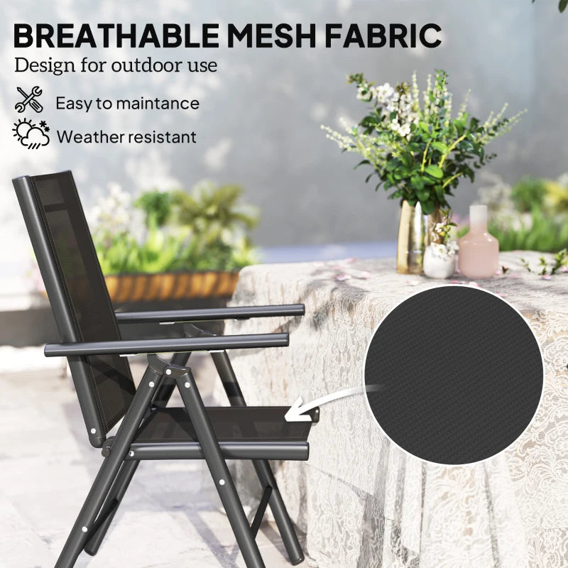 Set of 2 Black Folding Camping Chairs - Aluminium Frame with Breathable Mesh Back and Seat, Garden Armrest Chairs for Outdoor Balcony