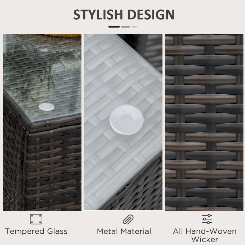 Brown Rattan Patio Side Table with Tempered Glass Top