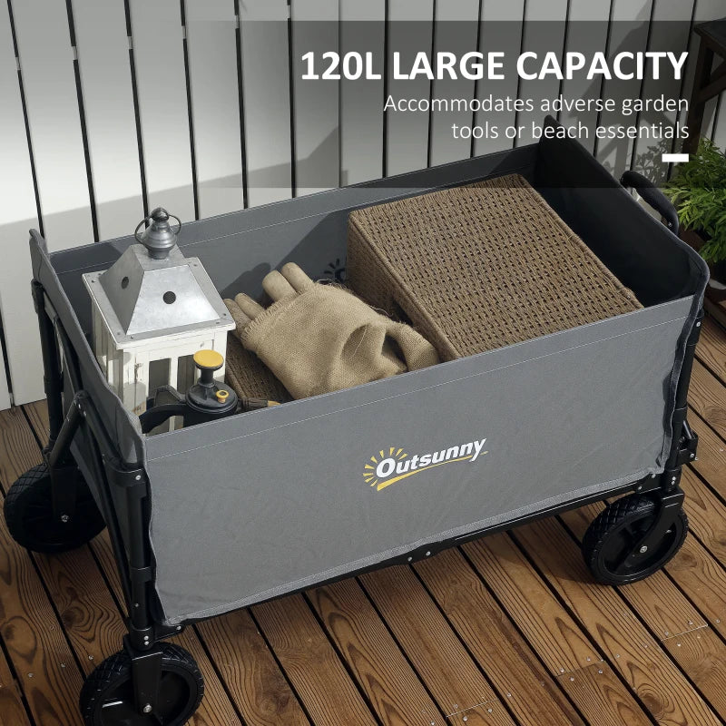 120L Grey Folding Garden Trolley Cart - Outdoor Collapsible Wagon with Wheels & Adjustable Handle for Beach, Camping & Festivals