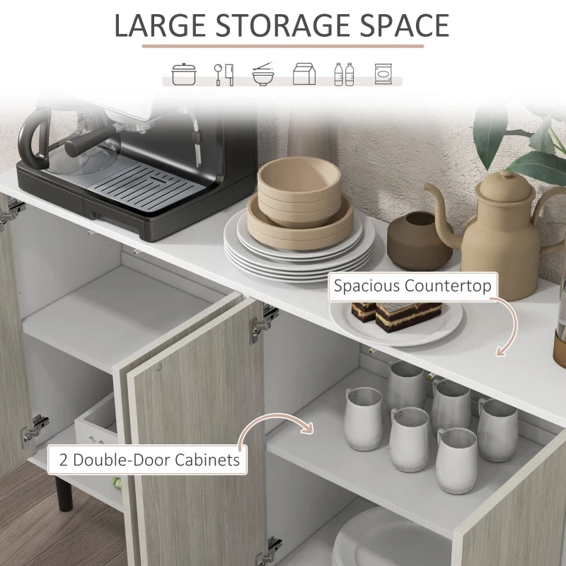 Modern White Kitchen Sideboard Storage Cabinet with Adjustable Shelves, 4 Doors & Pine Wood Legs for Living Room