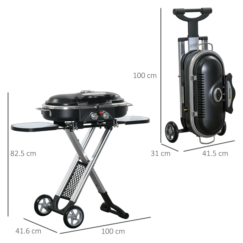 Foldable 2-Burner Gas BBQ Grill with Side Shelves - Black