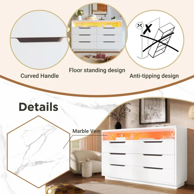 Modern Marbled 6-Drawer Sideboard with RGB LED Lighting - Stylish Storage Cabinet for Living Room & Home Office, 120x40x85 cm, White