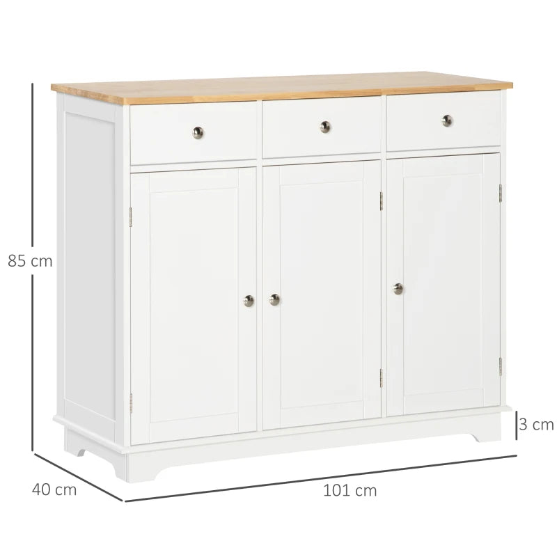 Modern White Sideboard with Rubber Wood Top Storage Cabinet for Dining Room and Living Room 3 Doors 3 Drawers and Adjustable Shelves