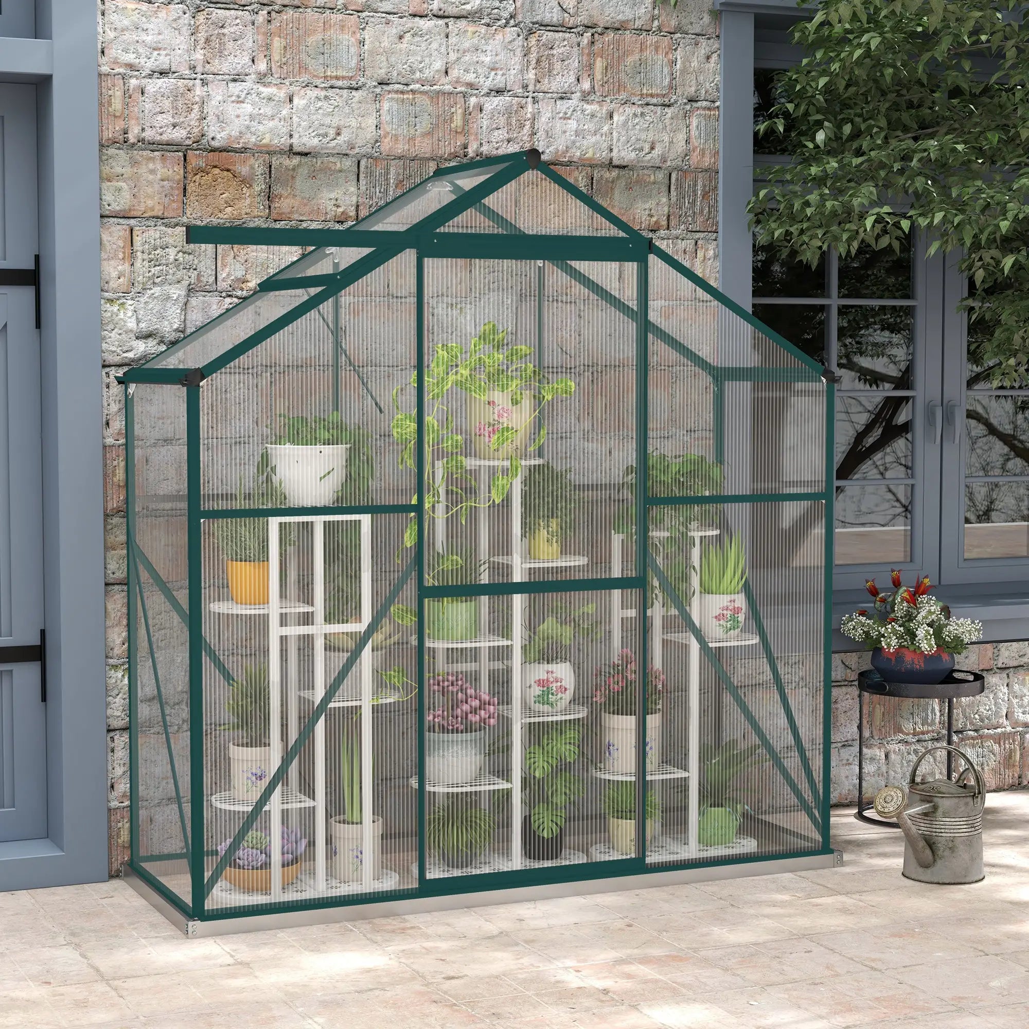 6ft x 2.5ft Green Polycarbonate Walk-In Greenhouse with Rain Gutter, Sliding Door, Window & Foundation