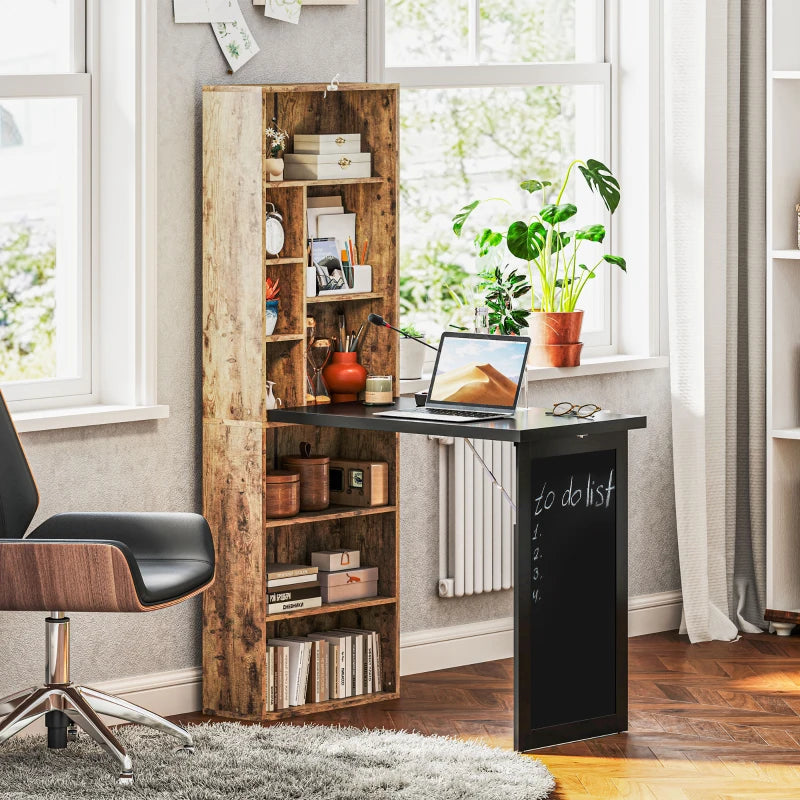 Rustic Brown Folding Desk with Blackboard - Multi-Function Computer Workstation & Side Shelf for Home Office