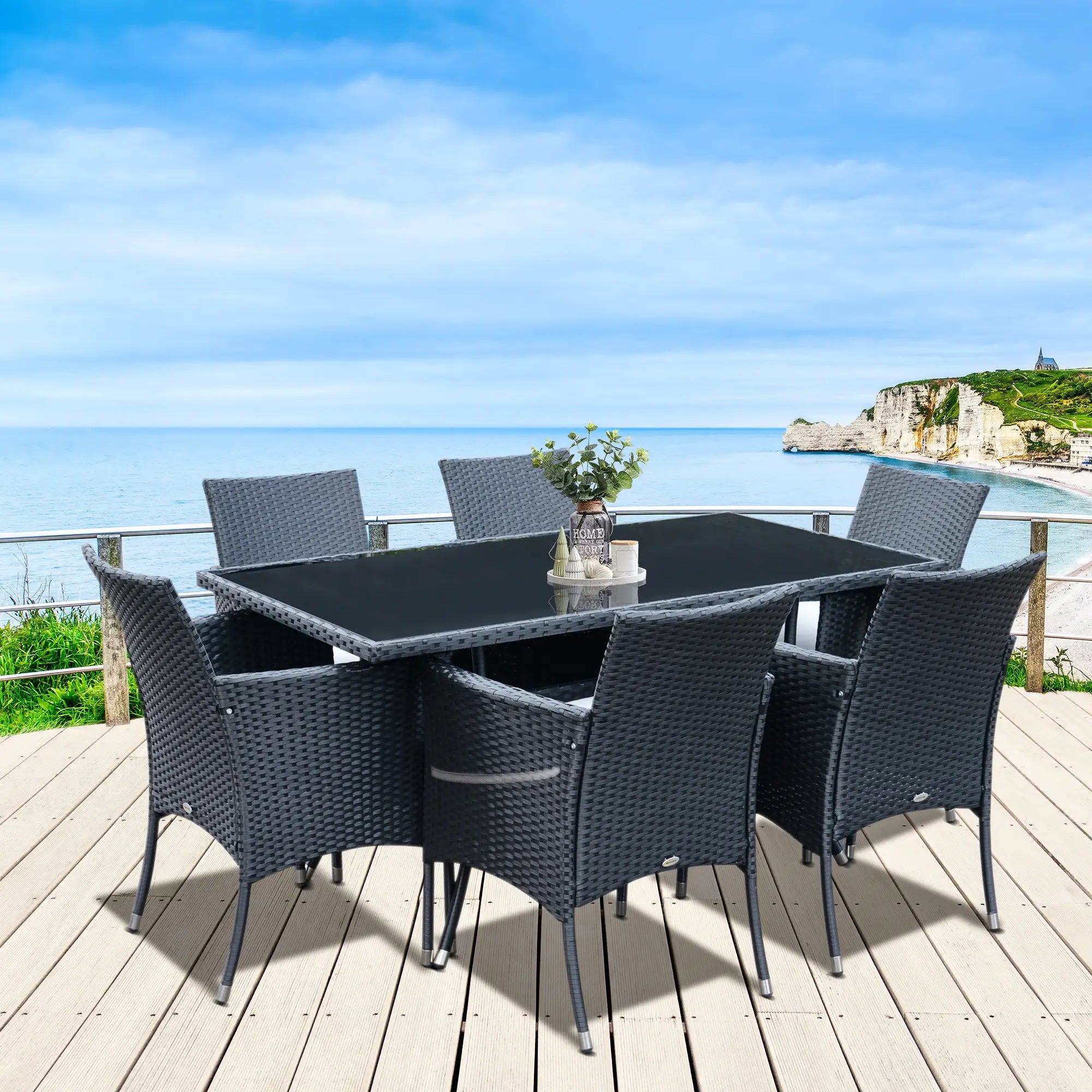 Black 6 Seater Rattan Dining Set With 6 Armchairs, Rectangular Glass Top Table, Outdoor Dining Table and Chairs