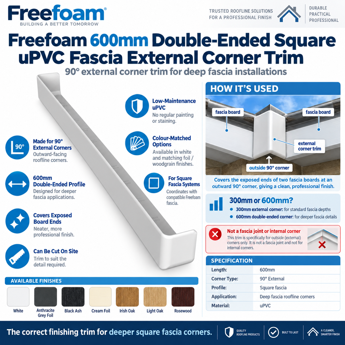 Freefoam 600mm Double-Ended Square uPVC Fascia External Corner Trim – 90 Degree Corner for Deep Fascia – All Colours
