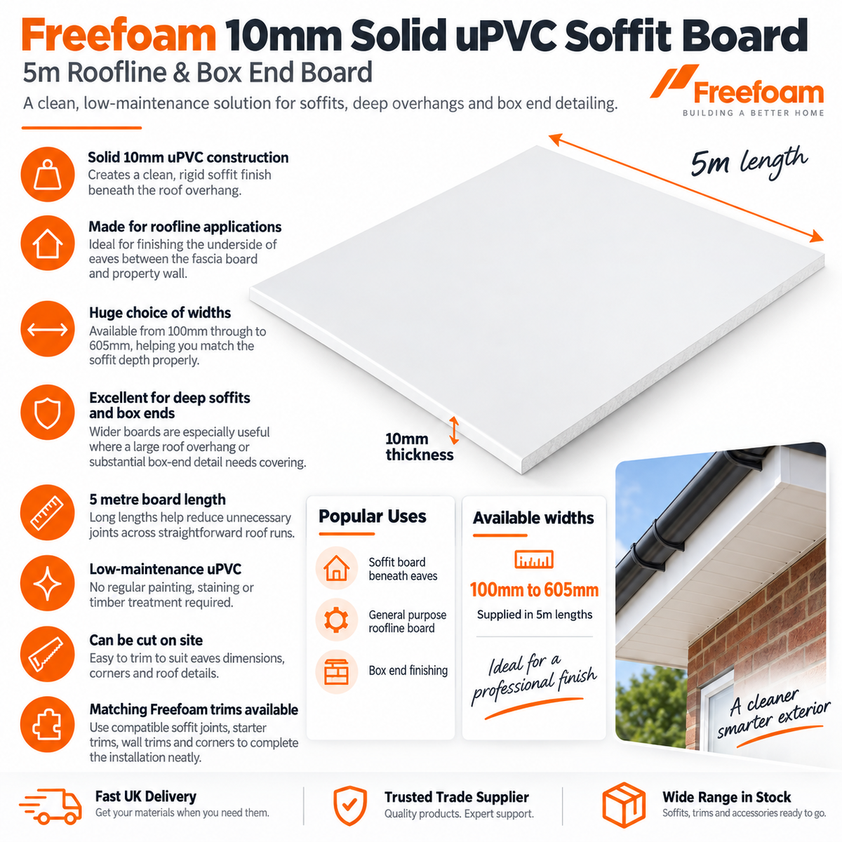 Freefoam 10mm Solid uPVC Soffit Board / General Purpose Board – 5m Roofline & Box End Board – All Widths & Colours