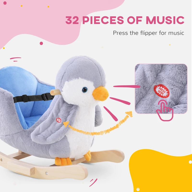 Kids Plush Musical Rocking Horse Penguin - 32 Songs, Soft Toy Rocker for Children 18+ Months - Fun & Safe!