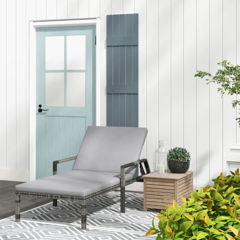 Rattan Wicker Outdoor Sun Lounger - Grey, Adjustable Backrest, 2 Wheels