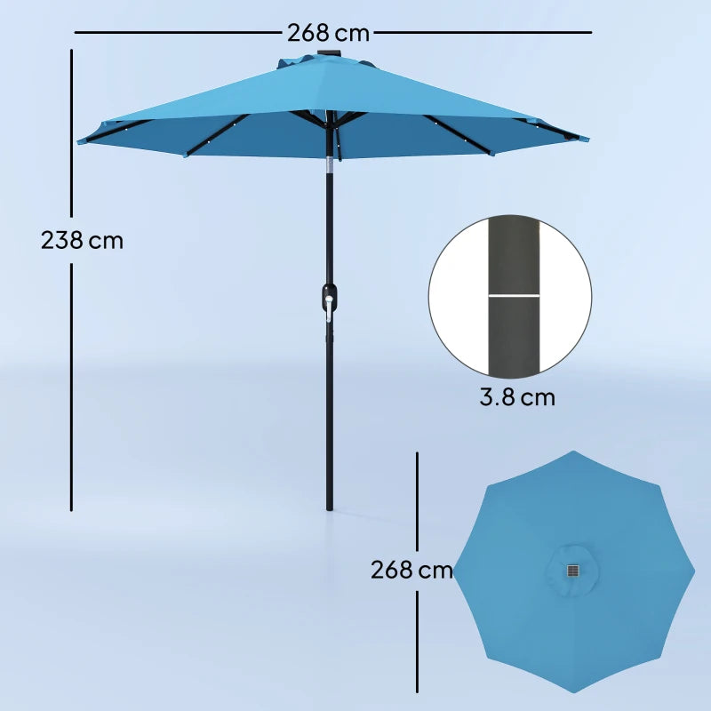 2.7m Blue LED Lighted Patio Umbrella - Outdoor Garden Parasol for Night Use