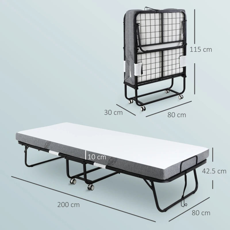 Portable Folding Guest Bed with 10cm Mattress Sturdy Metal Frame on Wheels