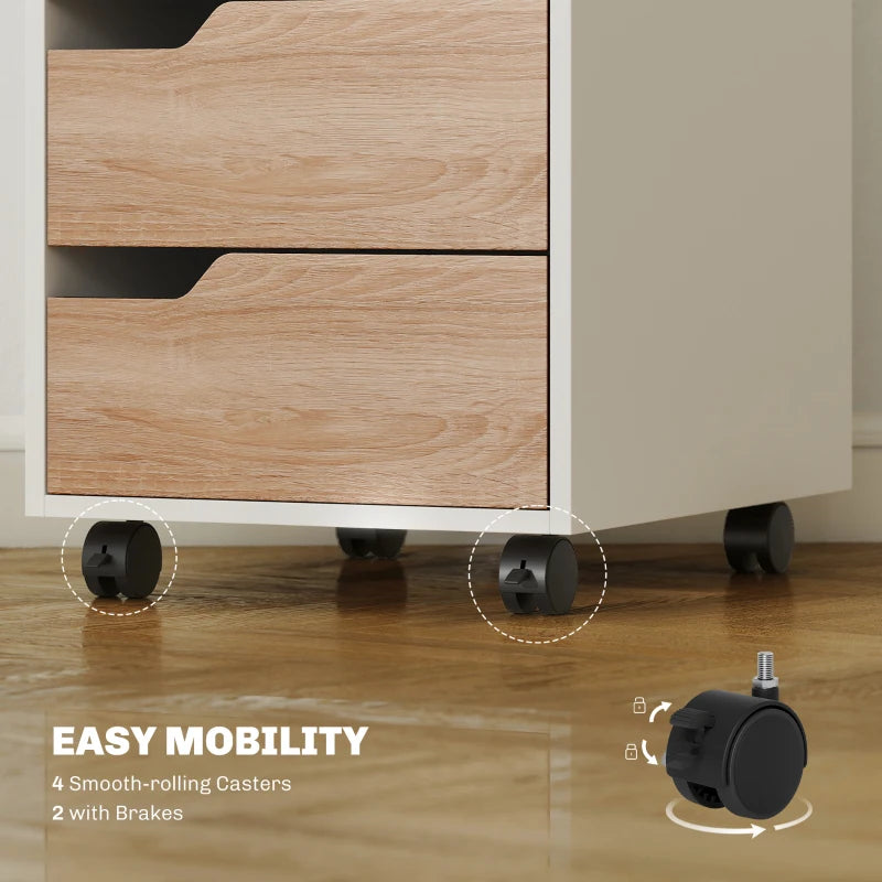 3 Drawer Mobile File Cabinet on Wheels - Vertical Oak Filing Cabinet for Home Office Organization