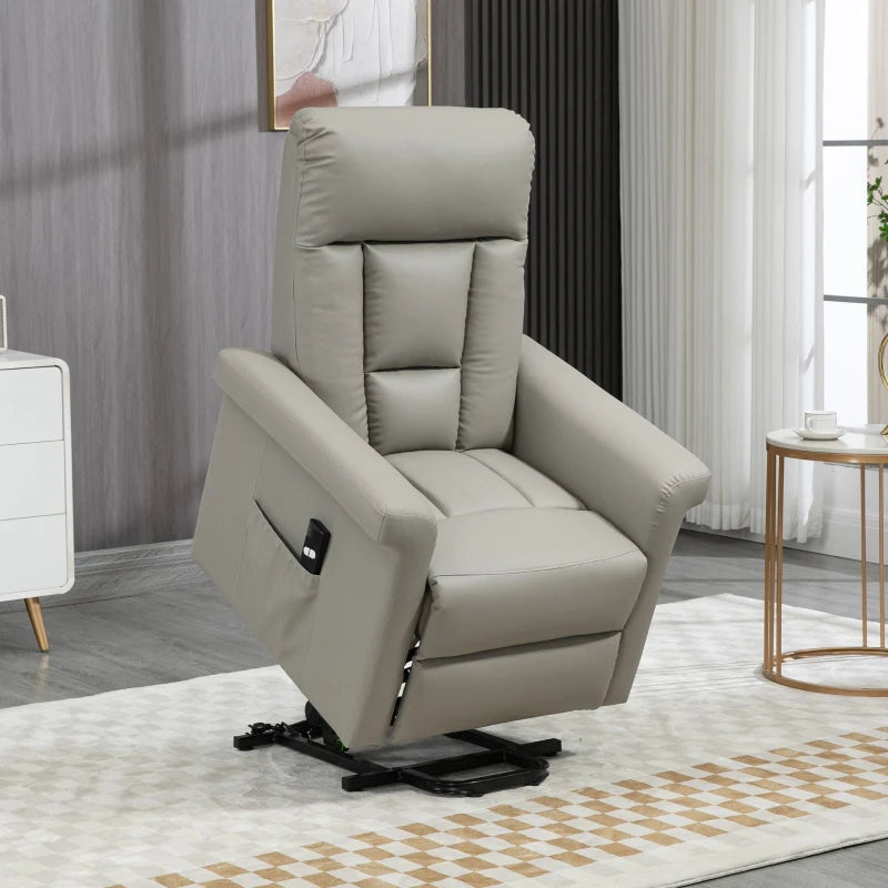 Power Lift Recliner Chair for Elderly - PU Leather Armchair with Extended Footrest, Remote Control, Side Pocket, Grey