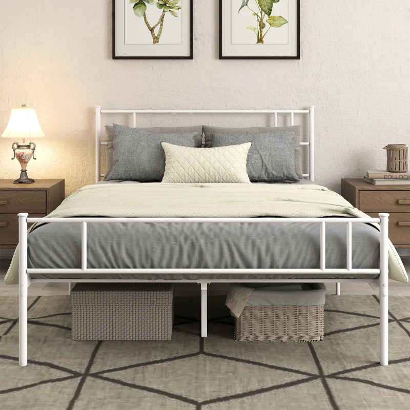 Double Metal Bed Frame with Headboard & Footboard - Solid Slat Support, Underbed Storage, Stylish White Bedroom Furniture