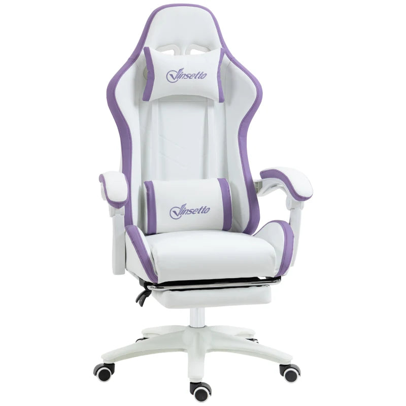 Vinsetto White and Purple Gaming Chair - PU Leather Office Desk Chair with Footrest, 135° Recline, Lumbar Support & Headrest