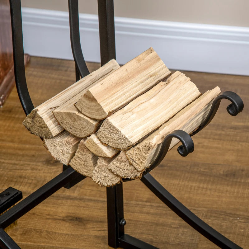 Metal Firewood Log Holder Rack - 2 Tier Indoor Outdoor Fireplace Storage with Tools & Hooks, Black, 84W x 33D x 76H cm