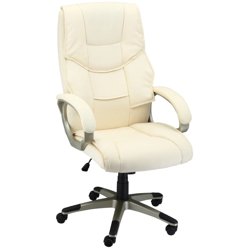 High Back Home Office Chair - Adjustable Cream White Faux Leather Desk Chair with Rocking Function