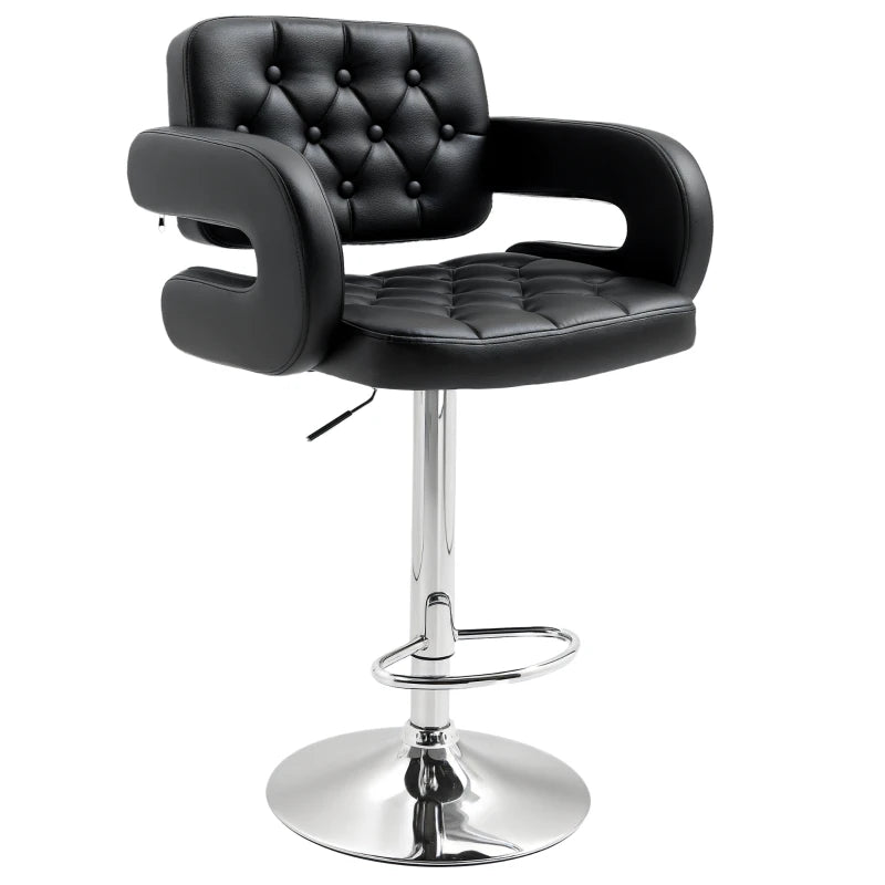 Height Adjustable PU Leather Swivel Bar Stool with Back Armrest and Footrest in Black