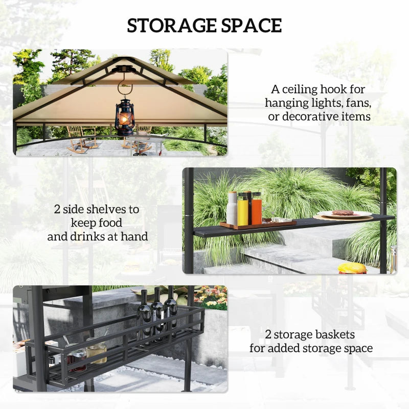 8' x 5' Beige Double Tiered Grill Gazebo Canopy with Side Shelves and Storage Baskets for Outdoor BBQ, Patio, and Picnic