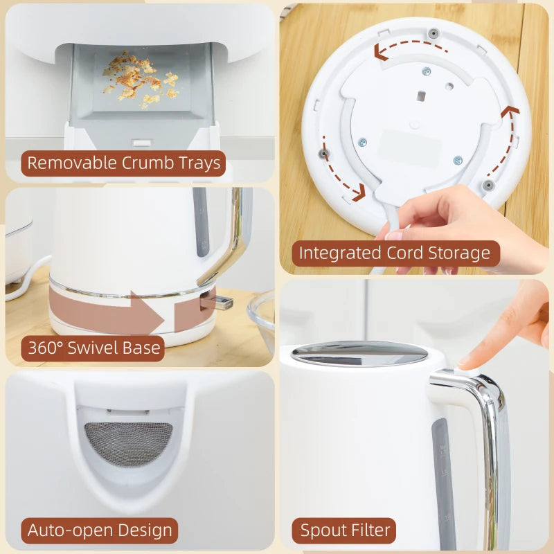 Premium 1.7L Fast Boil Kettle & 2-Slice Toaster Set - 3000W, 6 Browning Levels, Defrost & Reheat, Stylish White Kitchen Essentials