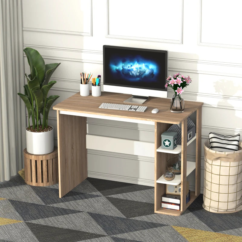 Modern Oak & White Computer Desk with 3-Tier Storage Shelf - Stylish Writing Desk for Home Office & Study