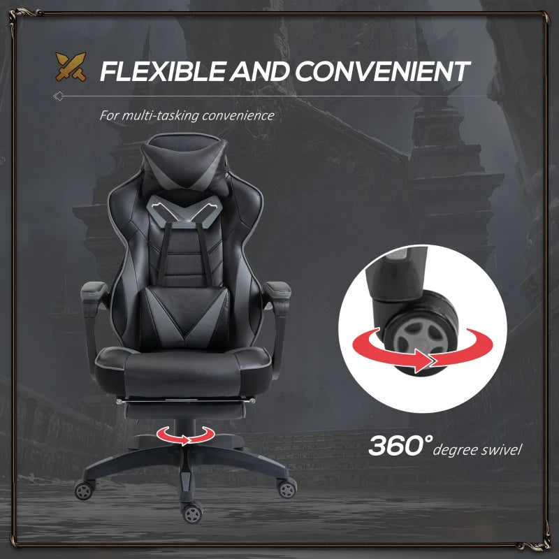 Vinsetto Grey Gaming Chair with Lumbar Support & Footrest - PU Leather Racing Desk Chair with Headrest & Swivel Wheels