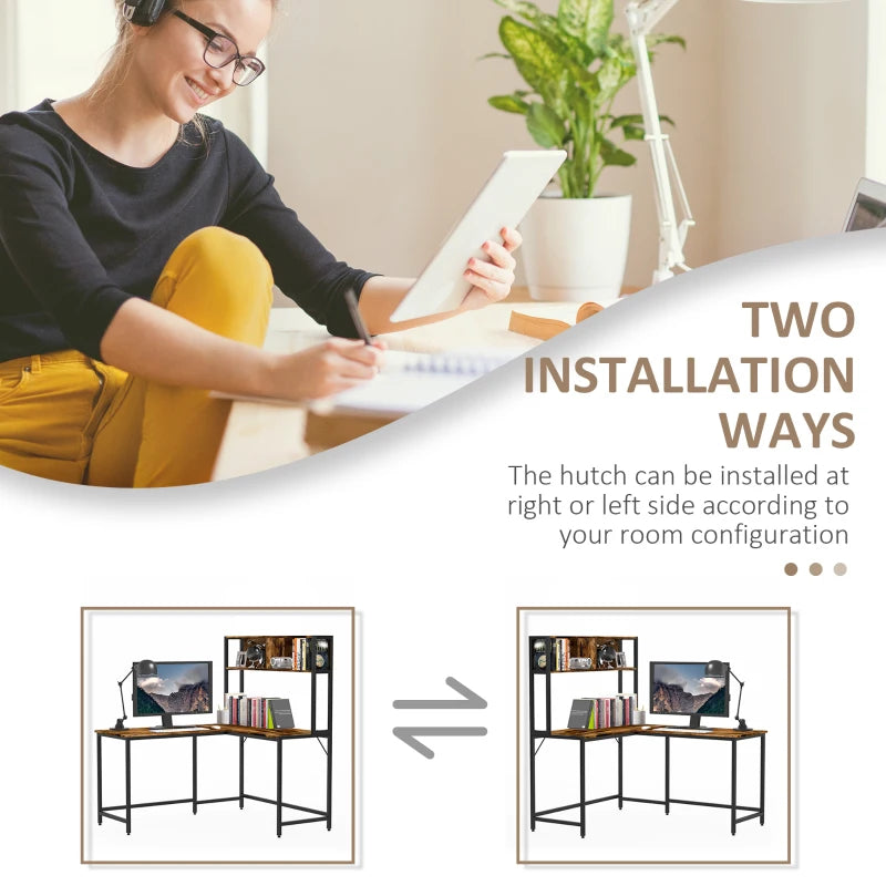 Industrial L-Shaped Desk with Bookshelf - Corner Computer Writing Table, Steel Frame, 140x125cm, Brown for Home Office & Study
