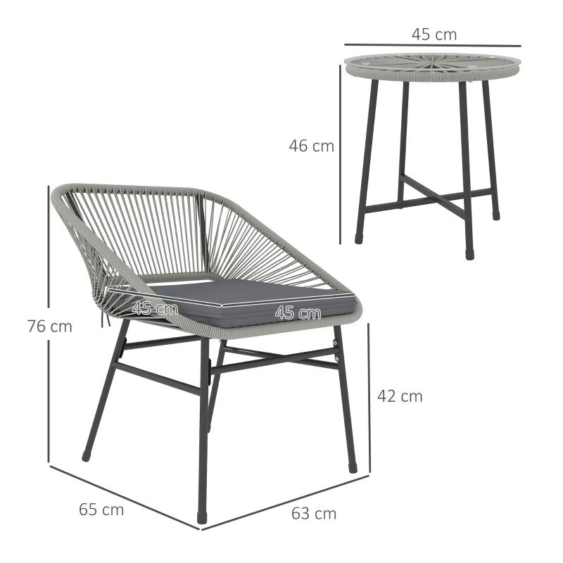 3-Piece Light Grey Rattan Bistro Set - Wicker Garden Table and Chairs with Cushions and Glass Top for Outdoor, Patio, Balcony