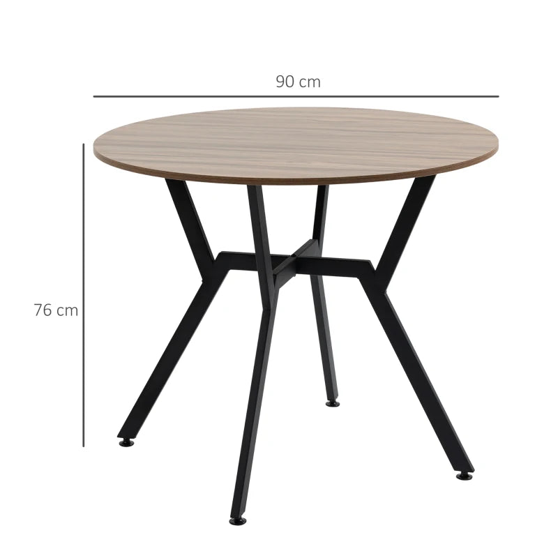 Round Dining Table with Black Legs - 90x76 cm Brown Kitchen Table with Anti-Slip Foot Pads for Living Room