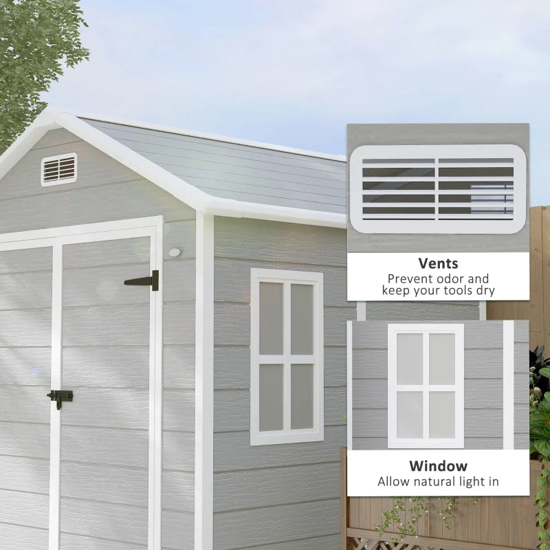 6 x 5ft Light Grey Plastic Garden Shed with Floor, Window, Lockable Doors and Vents - Wood Effect Resin Tool Storage for Outdoor Patio