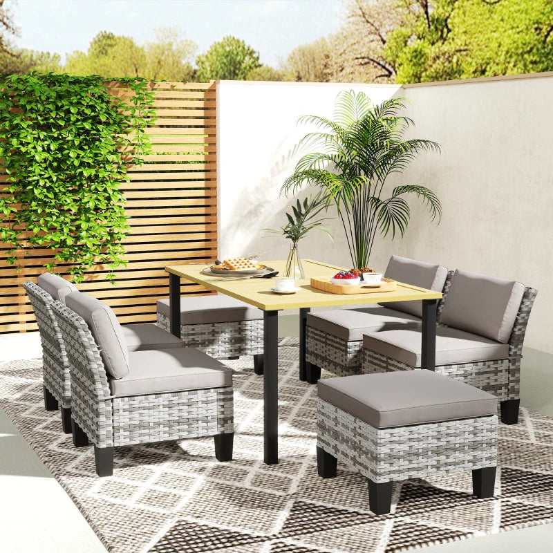 7-Piece Grey Rattan Garden Dining Set with Cushions, Umbrella Hole, Patio Table & Chairs