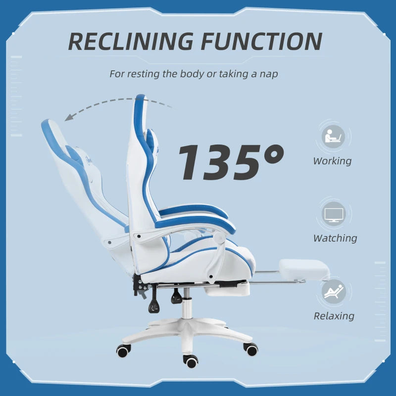 Vinsetto White and Blue Gaming Chair - PU Leather Office Desk Chair with Footrest, 135° Recline, Lumbar Support & Headrest