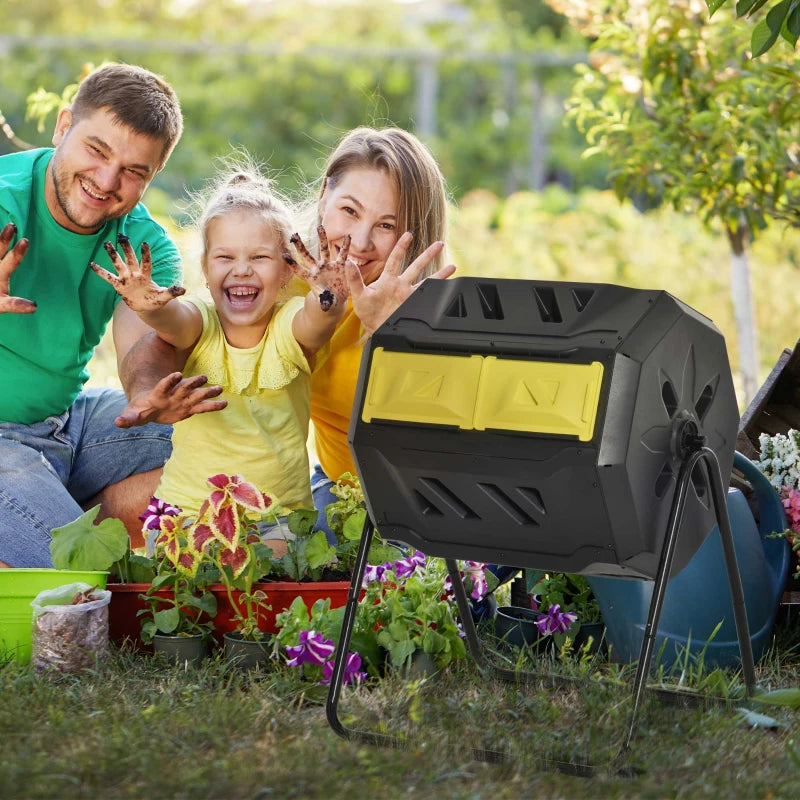 Yellow Dual Chamber 160L Rotating Compost Bin for Garden
