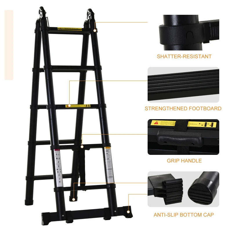 Black 10-Step Telescopic Aluminium Ladder for Home