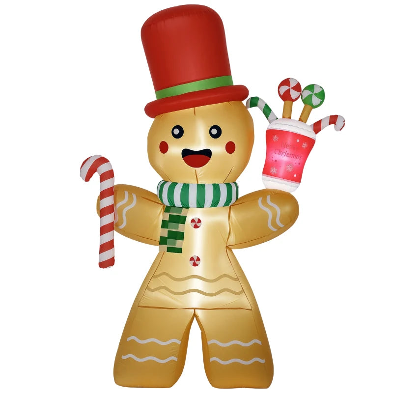 7.5ft Inflatable Gingerbread Man with Candy Cane & LED Lights - Outdoor Christmas Lawn Decoration for Parties & Holiday Displays