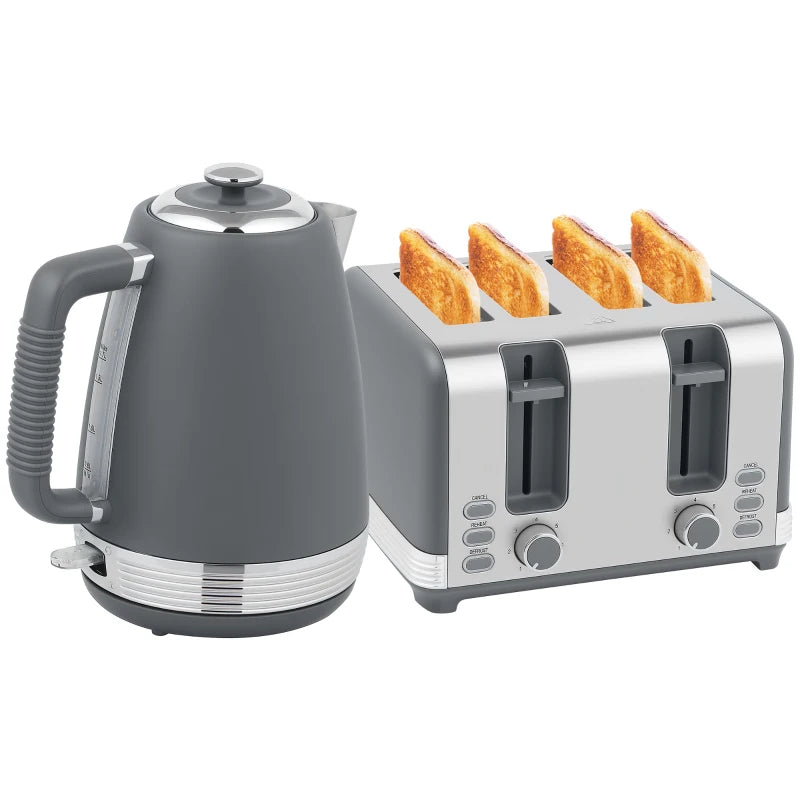 Stainless Steel Kettle & Toaster Set - 1.7L Rapid Boil Kettle with Strix Thermostat & 4-Slice Toaster, Grey/Silver