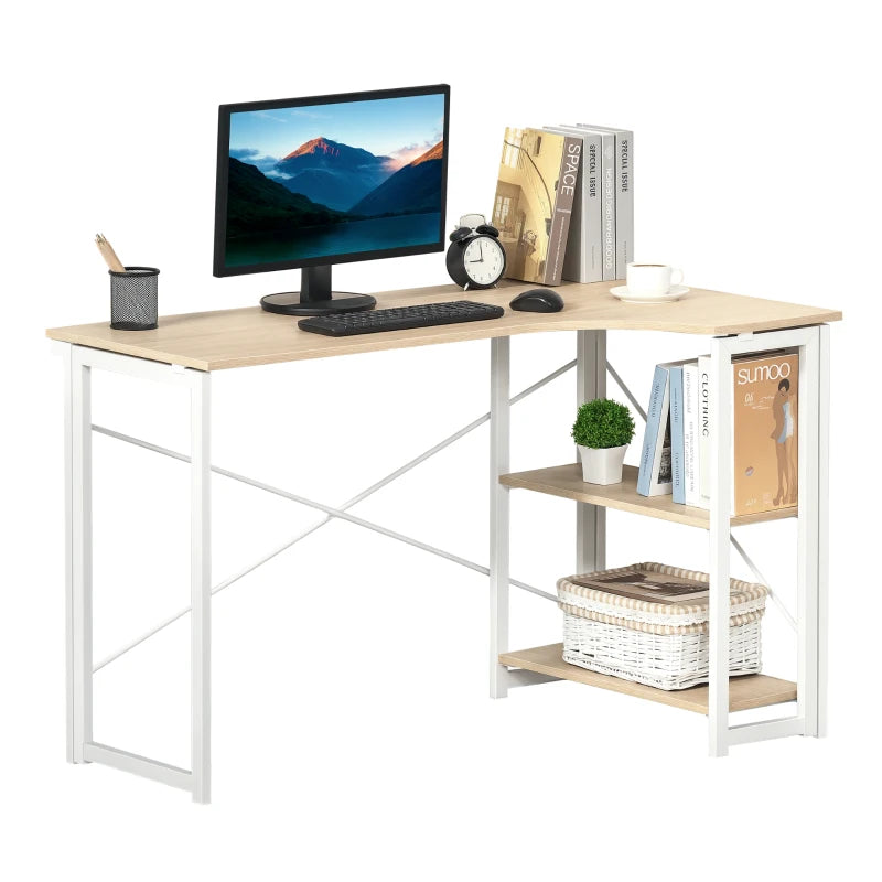L Shaped Folding Desk with 2-Tier Storage Shelf - Corner Computer Desk for Home Office, Easy Assembly, Oak Tone, 120x72.5cm