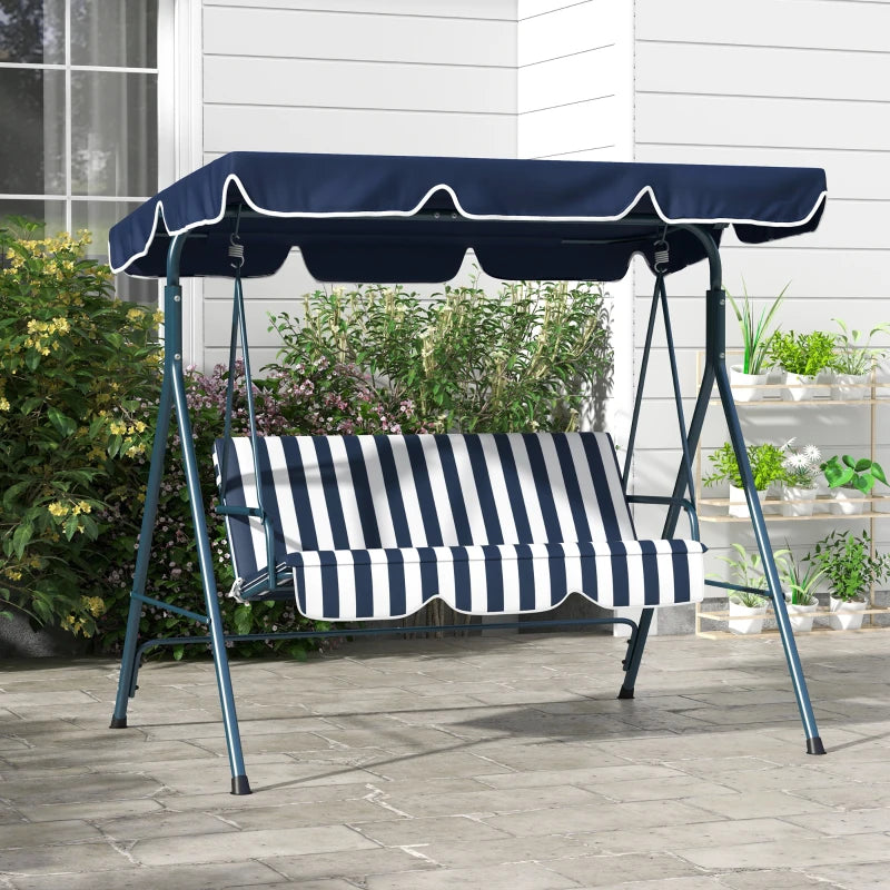 Blue Striped 3-Seater Garden Swing Chair with Adjustable Canopy