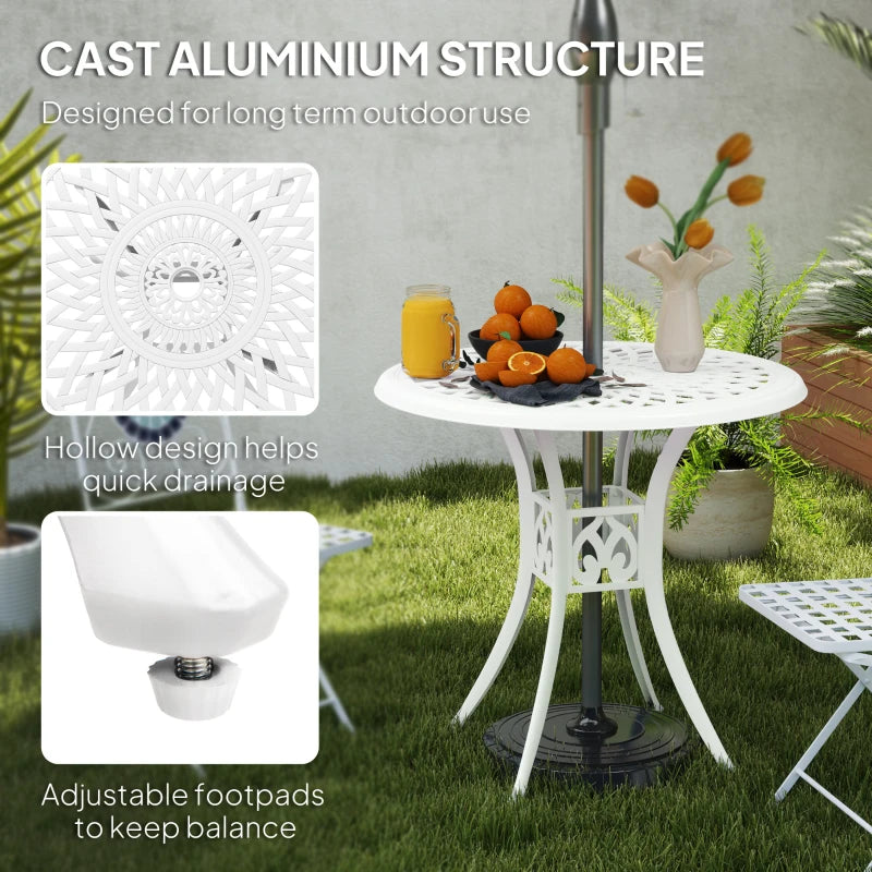 78 cm White Round Garden Dining Table with Parasol Hole - Antique Cast Aluminium Outdoor Table