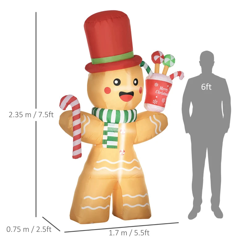 7.5ft Inflatable Gingerbread Man with Candy Cane & LED Lights - Outdoor Christmas Lawn Decoration for Parties & Holiday Displays