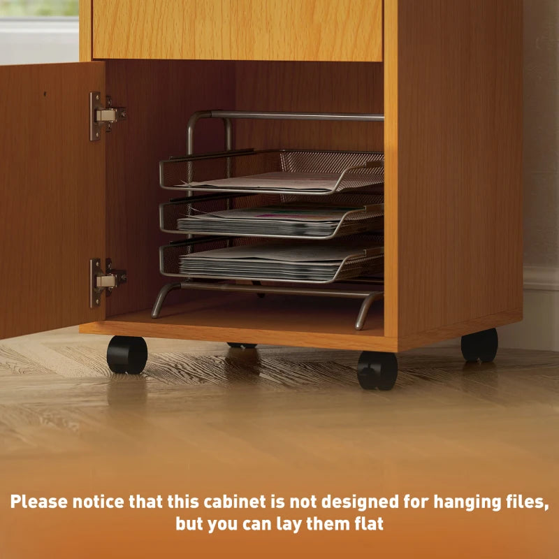 60cm Mobile Filing Cabinet with Drawer & Open Shelf, 4 Wheels, Metal Handles - Natural Wood Finish for Office & Home