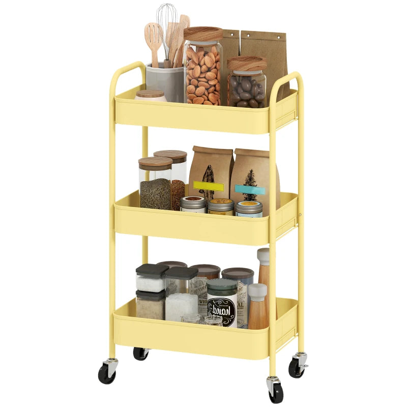 Three-Tier Yellow Steel Storage Trolley - Durable, Versatile Organizer for Home, Office, Kitchen & Garage